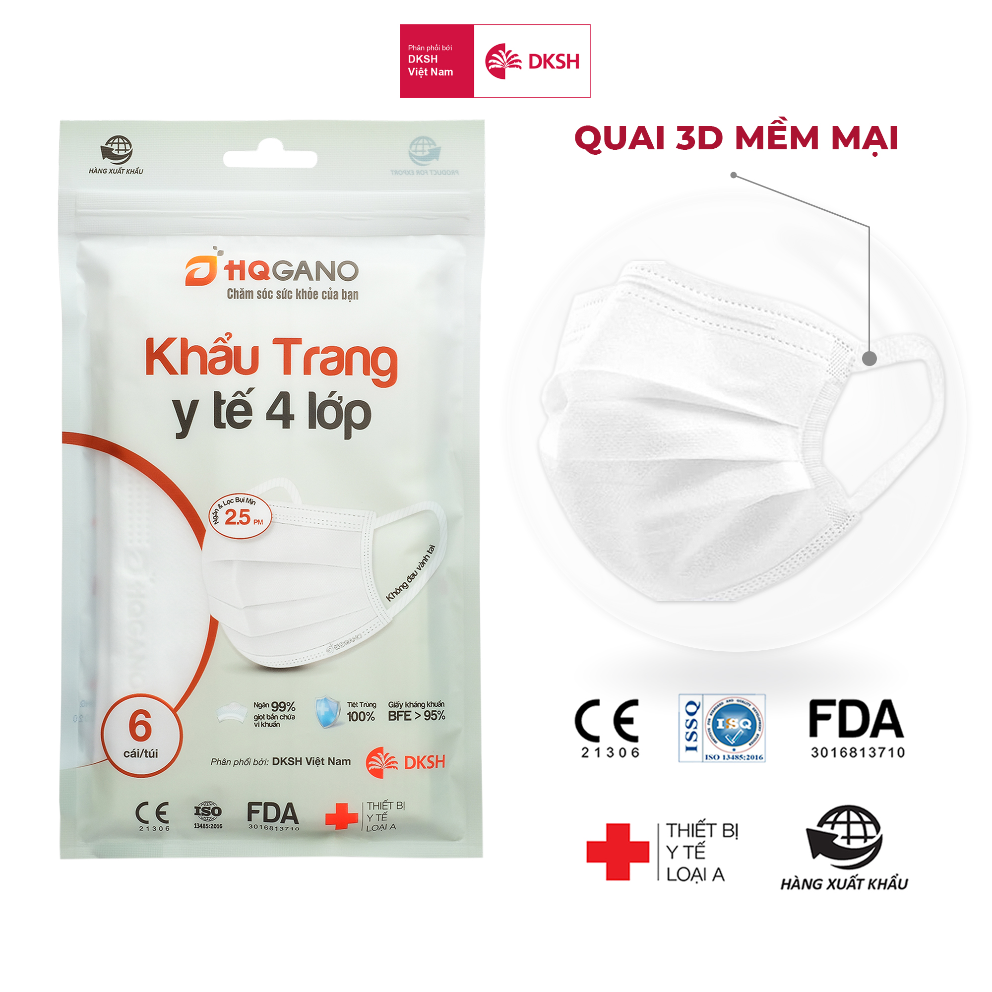 Gói Khẩu Trang Y Tế 4 Lớp HQGANO Quai 3D Mới (6 Cái/Gói)