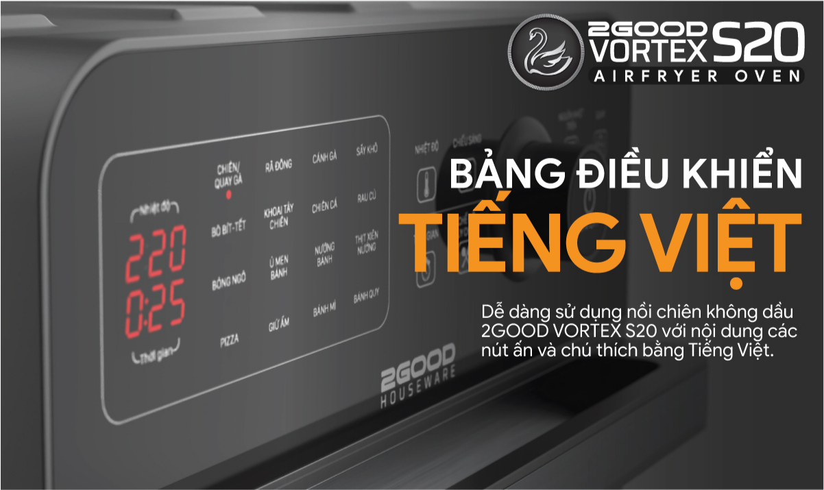 Nồi chiên không dầu điện tử 2Good Vortex S20 - Dung tích14.5 lít - Tặng găng tay - 16 chức năng - Hàng chính hãng