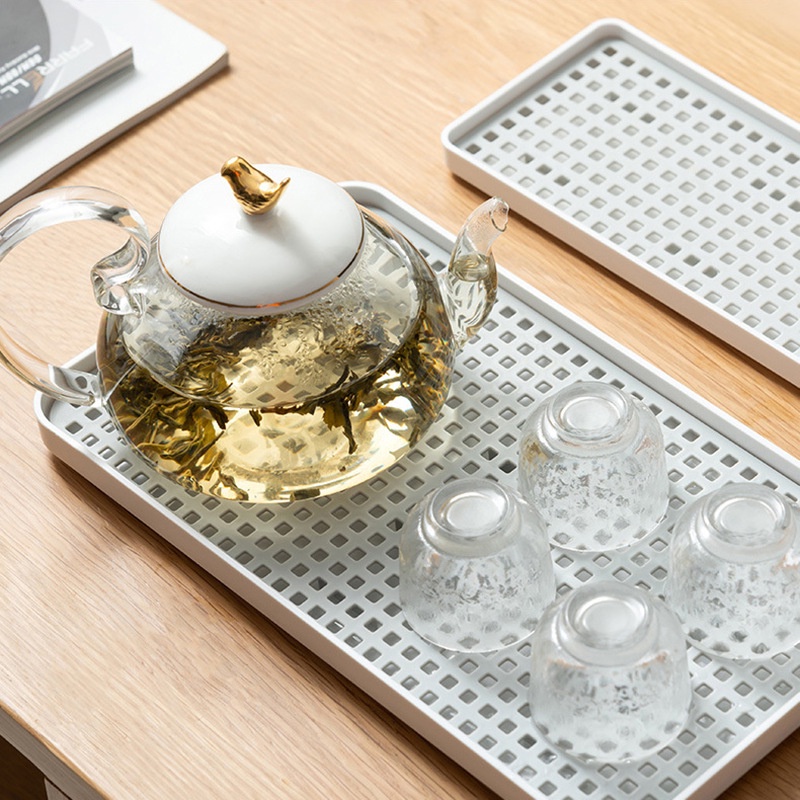Khay trà hai lớp nhựa để bàn đựng cốc thoát nước kệ bát đĩa babo