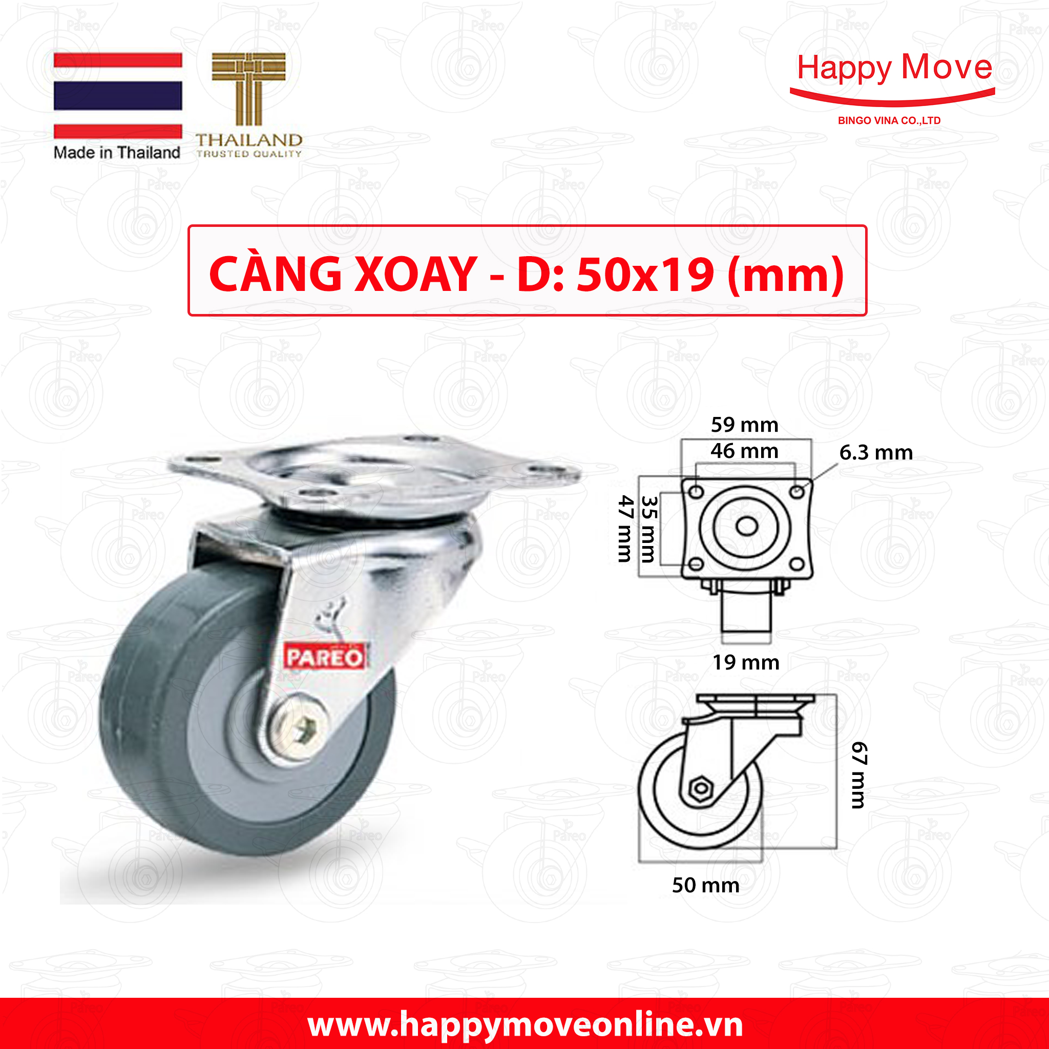 Bánh xe đẩy cao su tổng hợp xám tải nhẹ càng xoay 360 độ - 50-65-75mm - Happy Move Thái Lan
