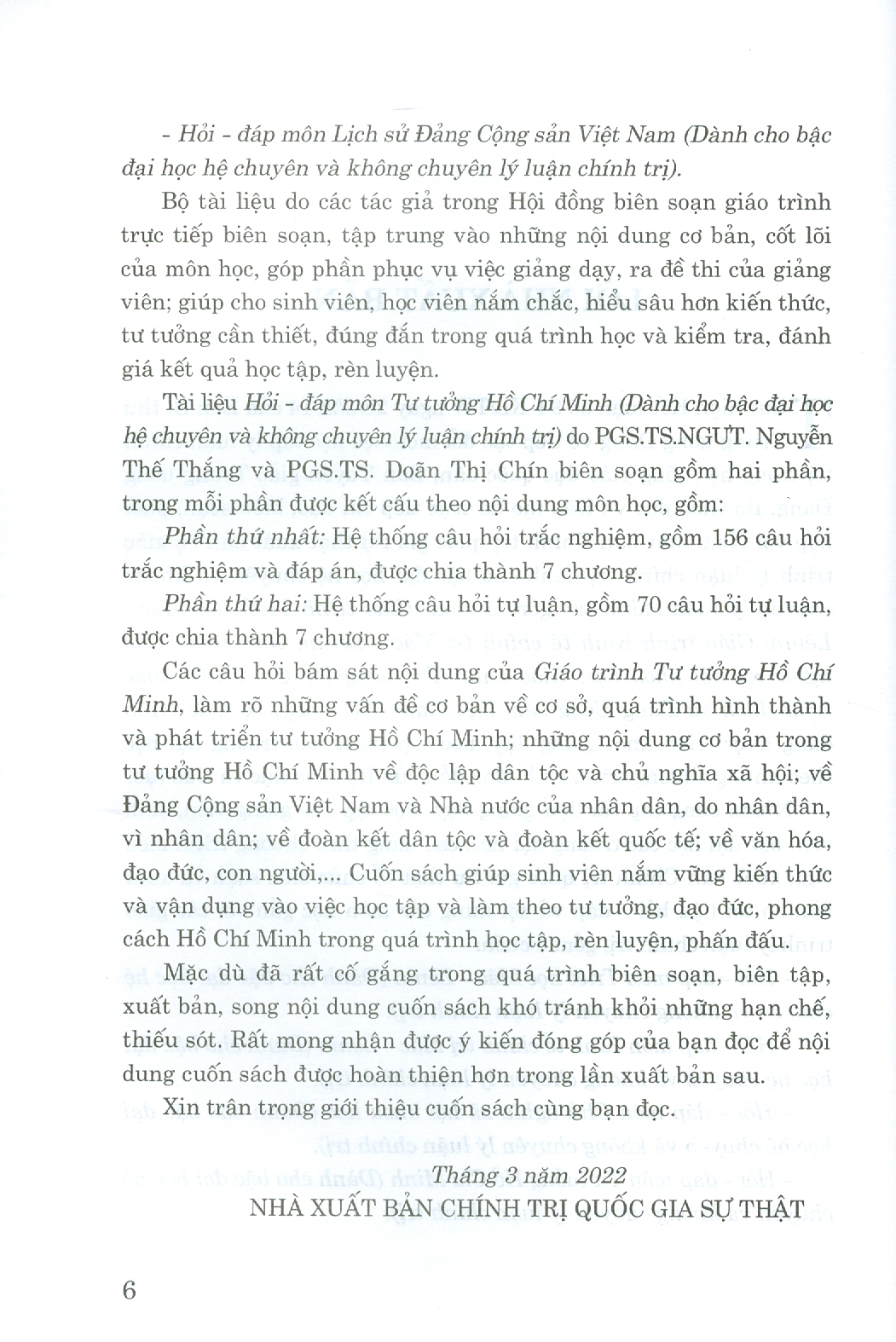 Hỏi - Đáp Môn Tư Tưởng Hồ Chí Minh (Dùng cho bậc đại học hệ chuyên và không chuyên lý luận chính trị) (Tài liệu theo bộ giáo trình mới nhất của Bộ Giáo dục và Đào Tạo)