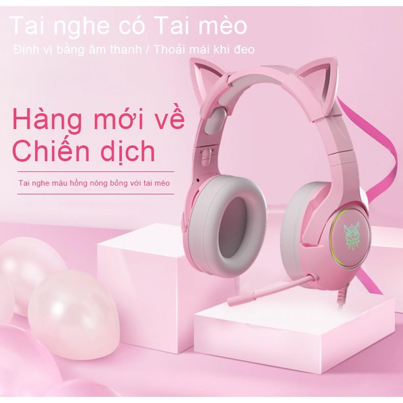 ONIKUMA K9 HồngTai nghe tai mèo dễ thương có mic tai nghe chụp tai chơi game thương có mic chống ồn Tai tai nghe mèo [Hàng chính hãng