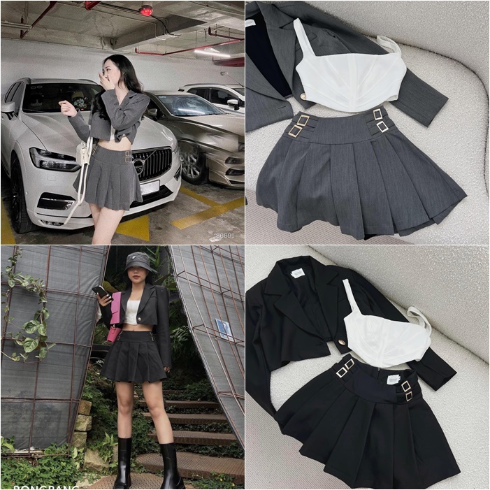 SET ÁO VEST/BLAZER LỬNG + CROPTOP DÂY + CHÂN VÁY NGẮN XẾP LI