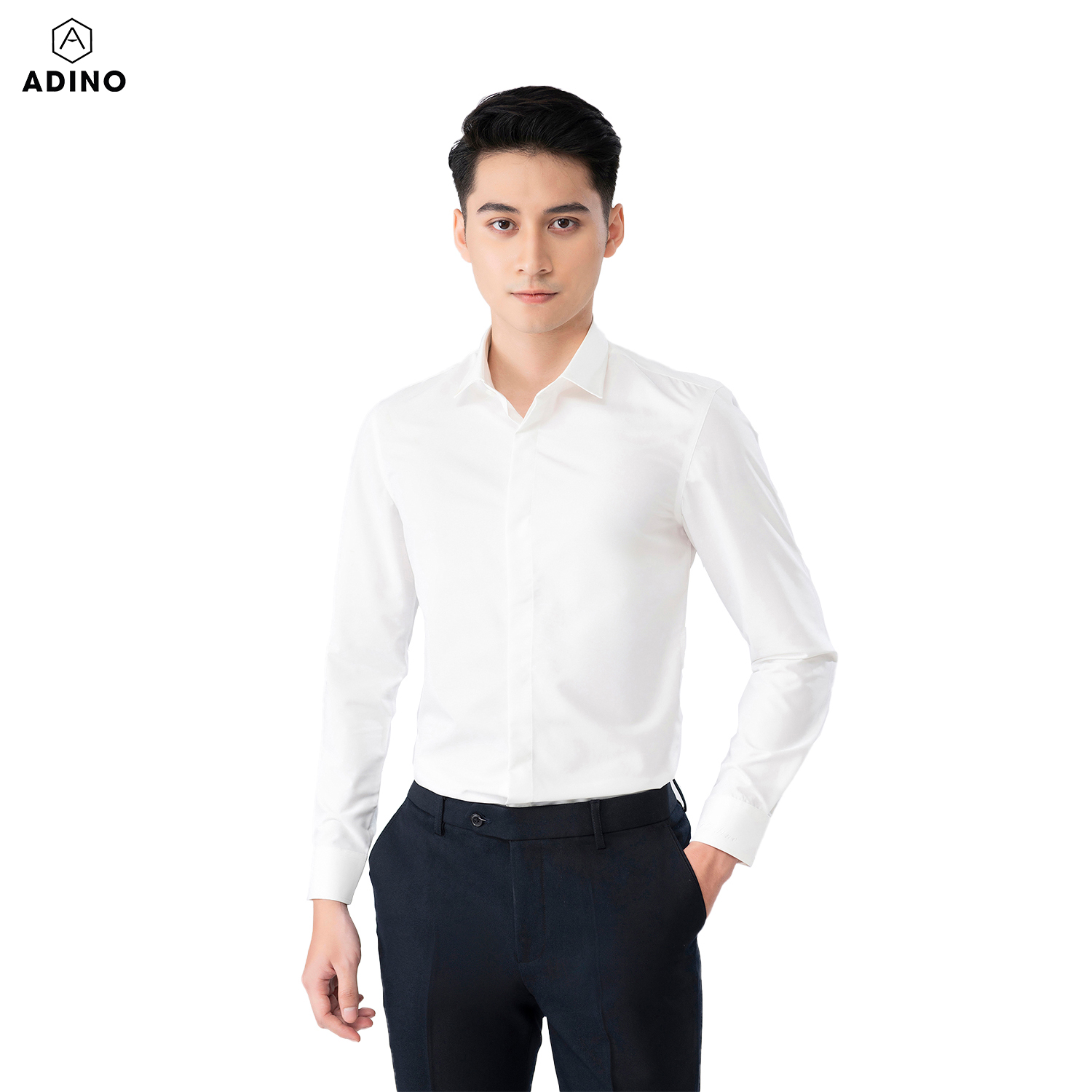 Hình ảnh Áo sơ mi nam tay dài ADINO màu trắng kem giấu khuy vải sợi sồi modal dáng slimfit trẻ trung S301