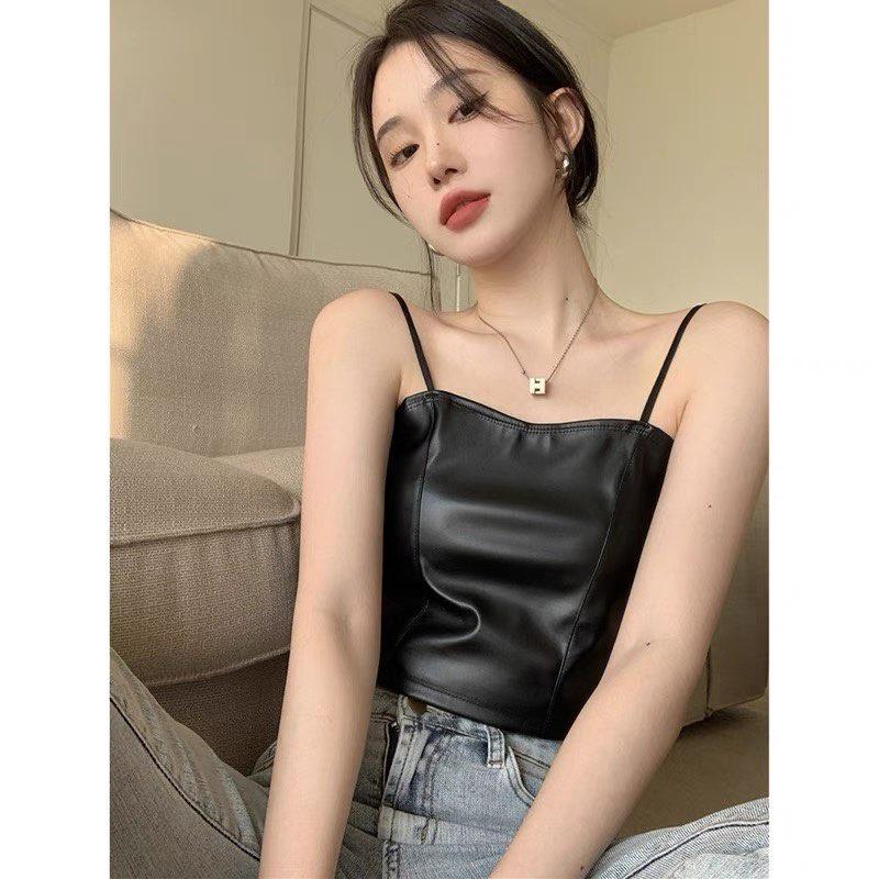 M33. Áo 2 dây da croptop chun lưng sẵn đệm ngực cá tính, áo nữ kiểu croptop da sang chảnh 2023 (có sẵn - miễn ship)