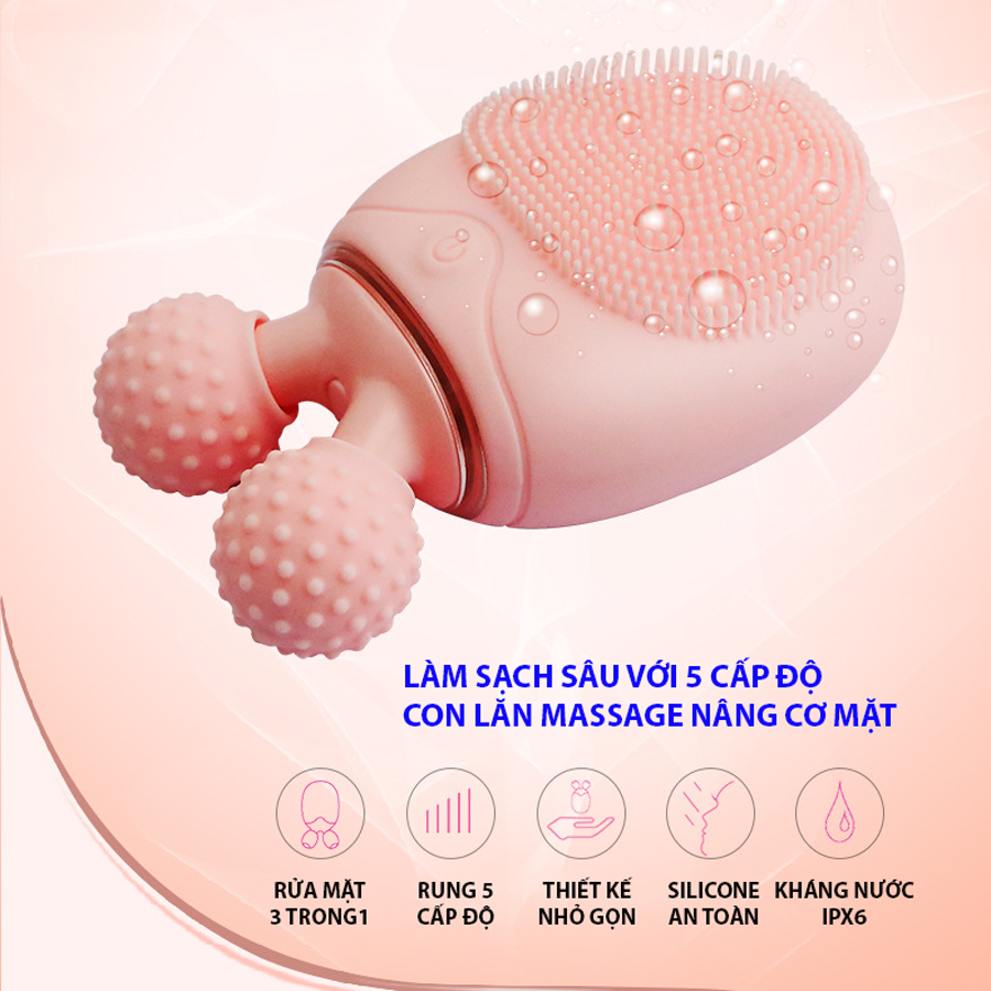 Máy rửa mặt và massage da cầm tay 3 trong 1 BR01 : Con lăn mát xa hỗ trợ tạo cằm Vline, rung 5 cấp độ giúp làm sạch sâu, đánh bay bụi bẩn và cặn trang điểm nhẹ nhàng , chất liệu silicon an toàn, chống nước IPX6