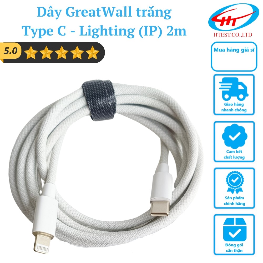 Dây cáp chuyển sạc nhanh Great Wall Type C - Lighting (IP) dài 2m (Trắng)