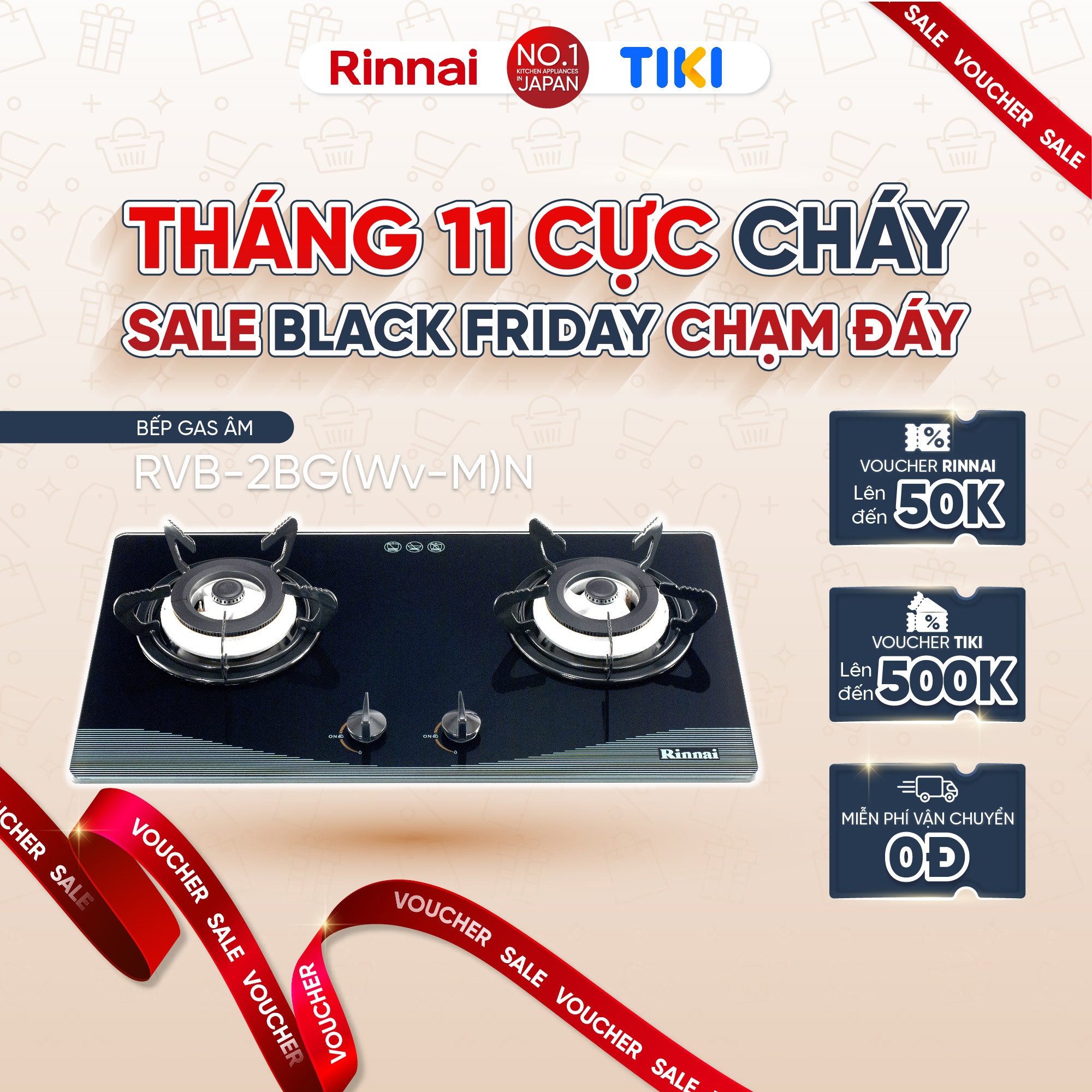 Bếp gas âm Rinnai RVB-2BG(Wv-M)N mặt bếp kính và kiềng bếp men - Hàng chính hãng.