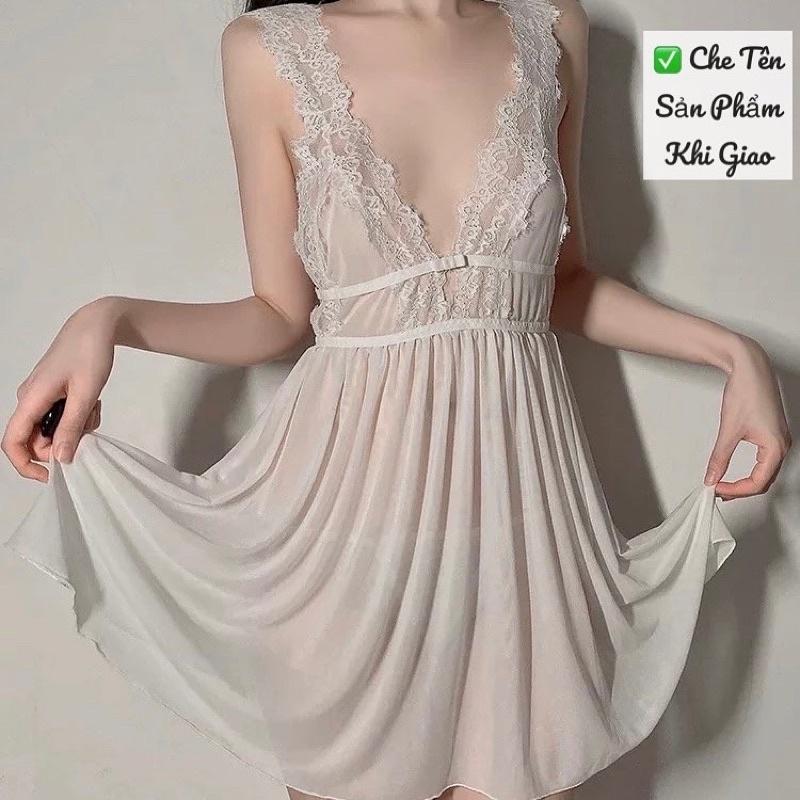 Mã QR725 Váy Ngủ Voan Phối Ren Thiết Kế Cổ V - Đầm Nữ Xẻ Tà Sau Gợi Cảm