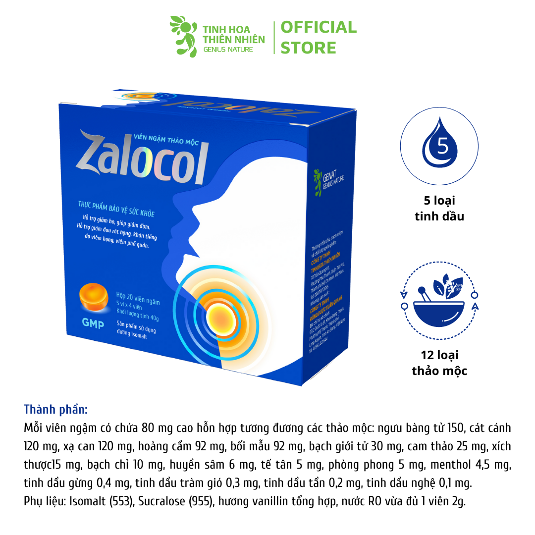 Viên ngậm Ho thảo mộc Zalocol hỗ trợ giảm đau rát họng, khản tiếng do viêm họng, viêm phế quản (Hộp 20 viên) - Genat