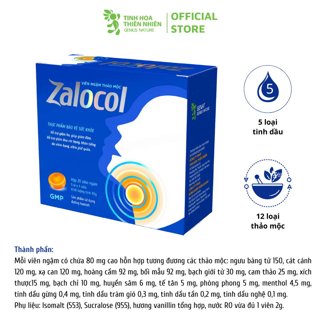 Combo 3 hộp viên ngậm Ho thảo mộc Zalocol Hỗ trợ giảm đờm, giảm đau rát họng, khản tiếng (Hộp 20 viên) - Genat