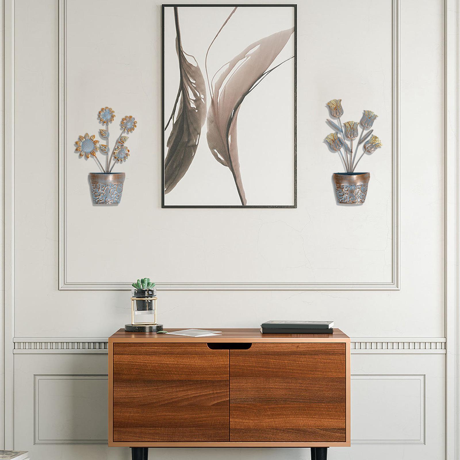 2Pcs Flower Pot Sculptures Yard Backyard Lawn Flower Metal Wall Art Decors