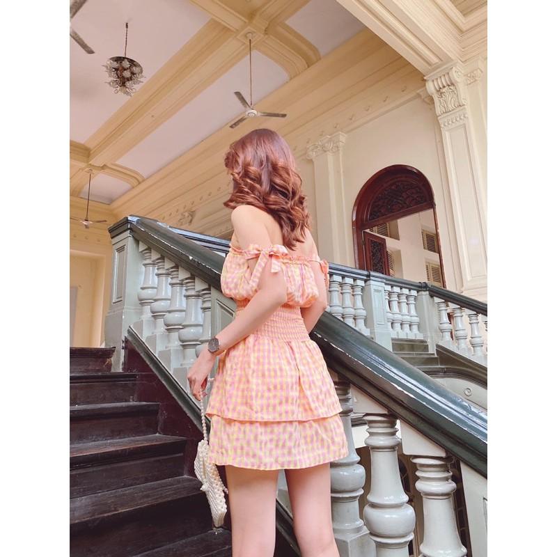 Đầm caro cam bo thun eo