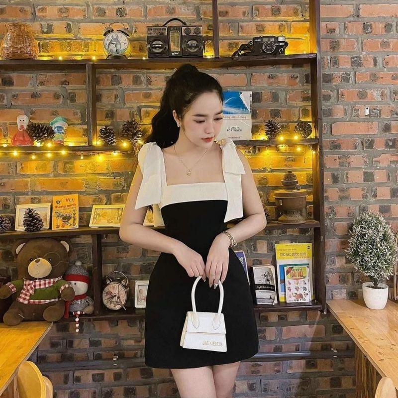 ĐẦM 2 DÂY THẮT NƠ PHỐI MÀU ĐEN TRẮNG
