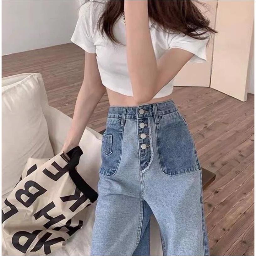 Quần jeans nữ ống rộng phối nút hot trend