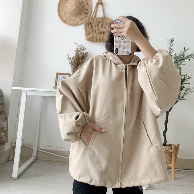 ÁO KHOÁC RoundLock Tay Bồng Nữ BASIC, Áo Jacket Kaki khóa tròn form rộng bigsize màu ĐEN | BE - NÂU Ulzzang, ÁO KHOÁC KAKI NỈ LÌ OVERSIZE KHÓA TRÒN TAY PHỒNG BE ĐEN NÂU - Jacket hoodie trendy Ulzzang