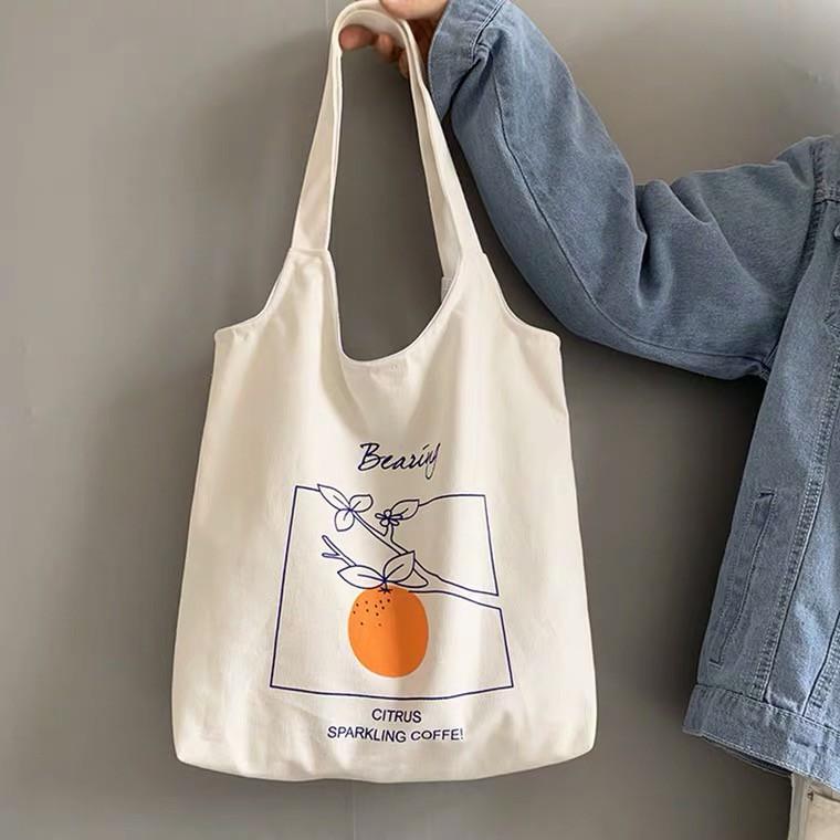 Túi tote vải Canvas liền thân in hình dễ thương có túi phụ cúc bấm