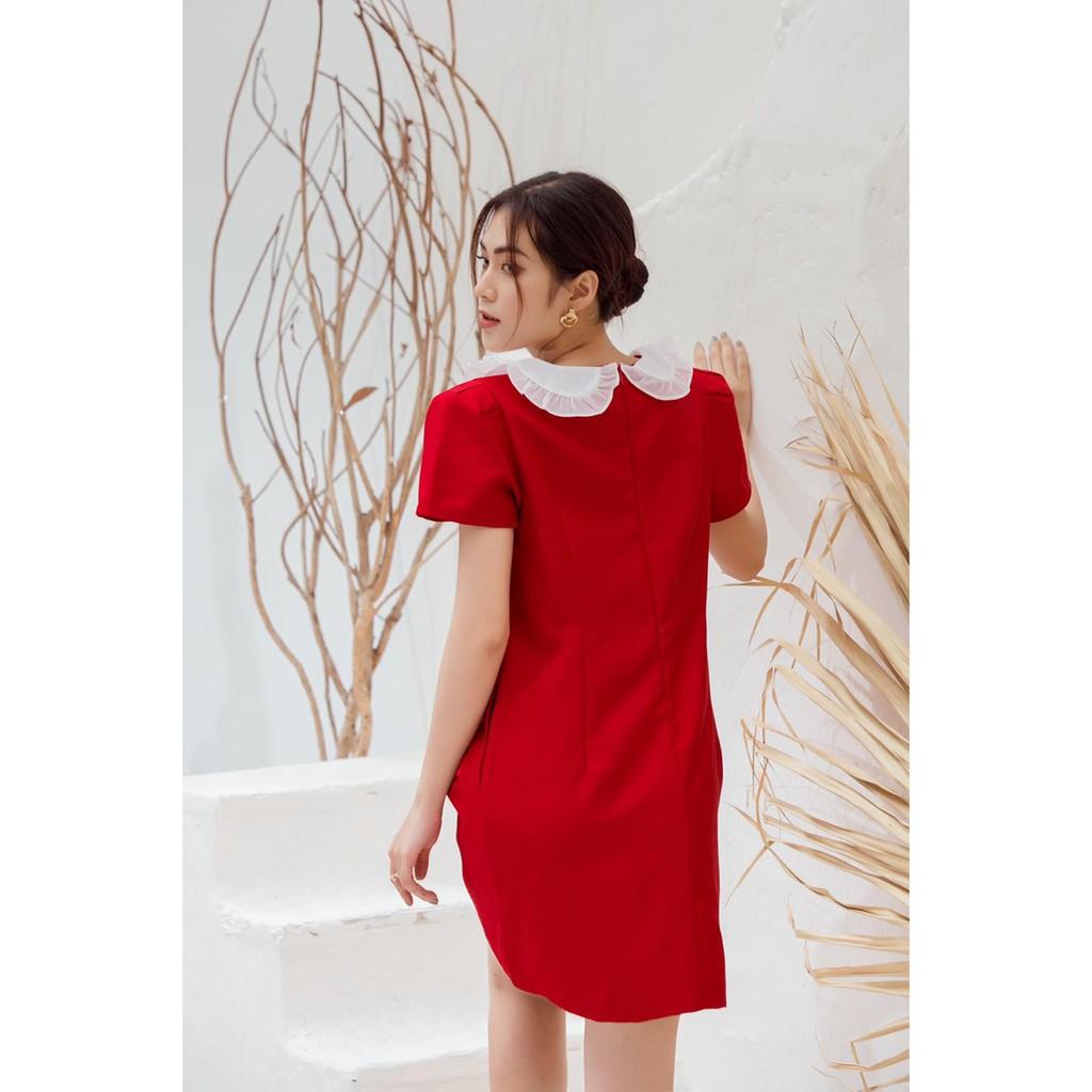 ĐẦM ĐEN ĐỎ PHỐI CỔ BÈO TRẮNG TAY NGẮN DÁNG BABYDOLL-hình thật shop chụp