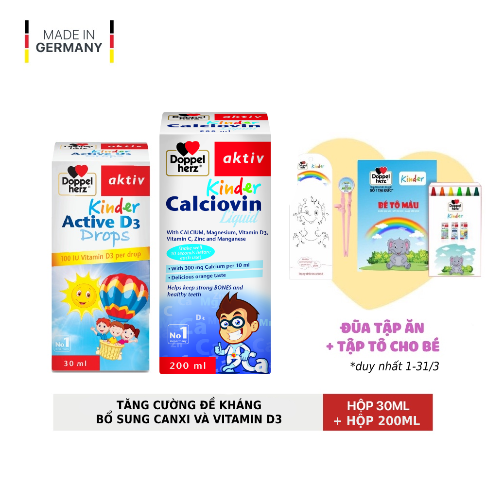 Bộ đôi tăng cường đề kháng, bổ sung vitamin D3 và Canxi cho bé Doppelherz Kinder D3 Drops + Calciovin Liquid