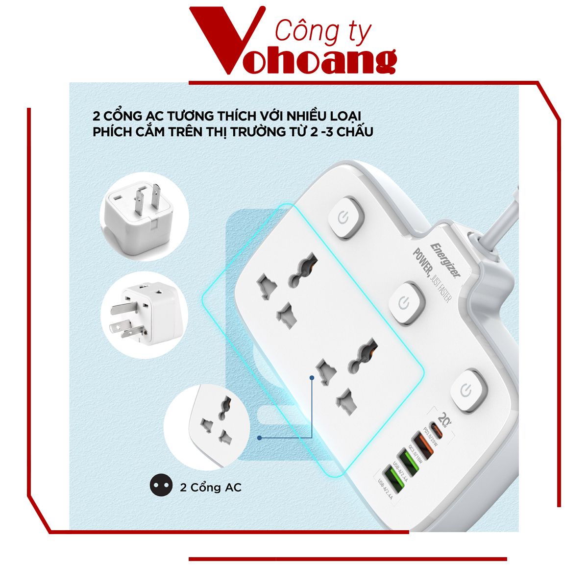 [Mỹ] Ổ cắm điện Energizer đa năng 2AC kèm 3USB-A và 1USB-C sạc nhanh PD (max PD 20W) - Energizer EPB2503EU