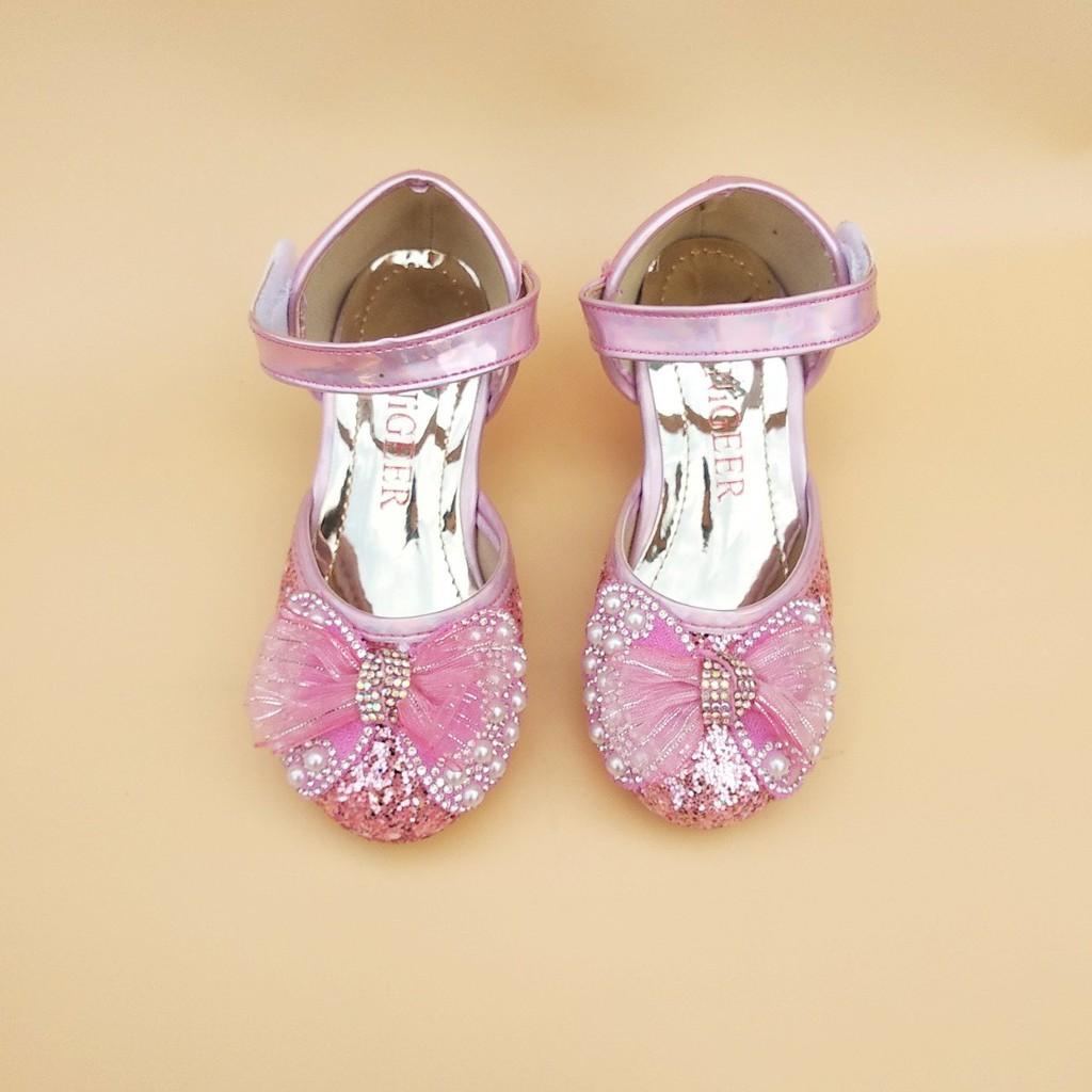 Giày Sandal bé gái - Giày cao gót 2cm kim tuyến đính nơ