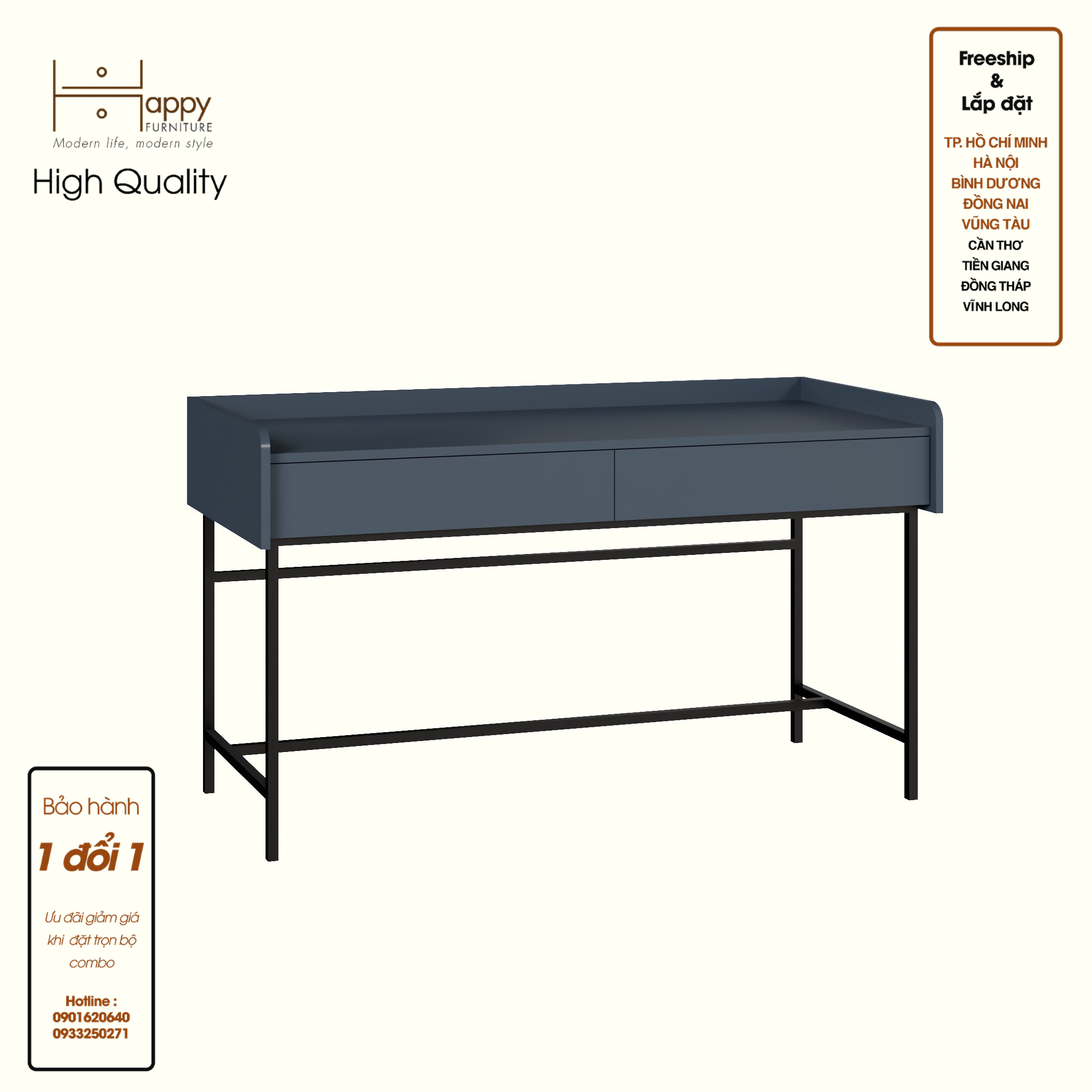 LAVIA, Bàn làm việc 2 ngăn kéo - chân sắt, 140cm x 59cm x 80cm , BAN_087