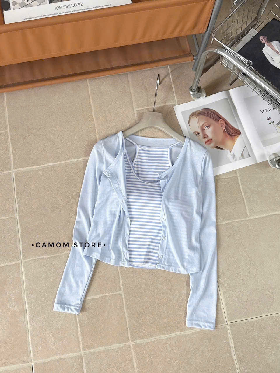 Set Áo Hai Dây Sọc Có Mút Kèm Khoác Cardigan Co Giãn Xinh Xắn