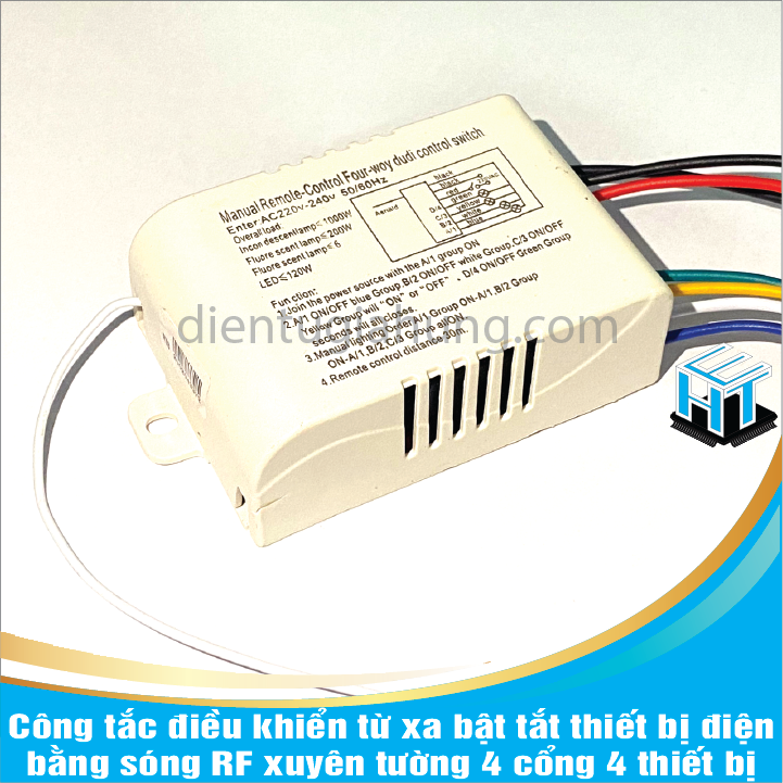 Công tắc điều khiển từ xa bật tắt thiết bị điện bằng sóng RF xuyên tường 4 cổng 4 thiết bị