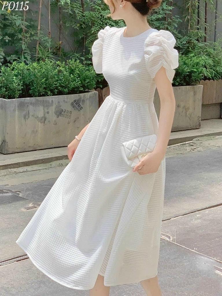ĐẦM XÒE XỐP TAY NHÚN CỔ TRÒN 12973