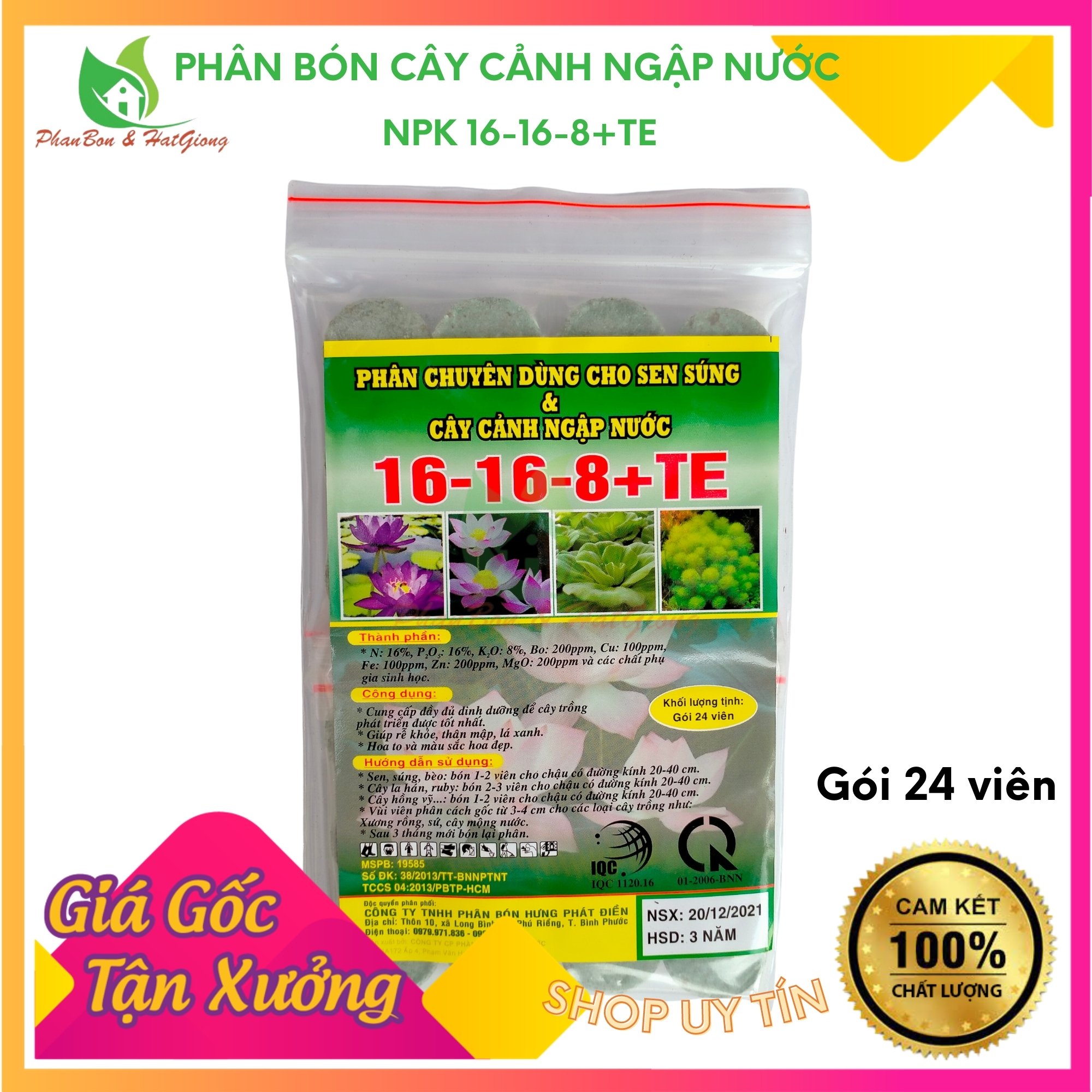 Phân Bón Hoa Sen Và Cây Ngập Nước NPK 16-16-8+TE Gói 24 Viên