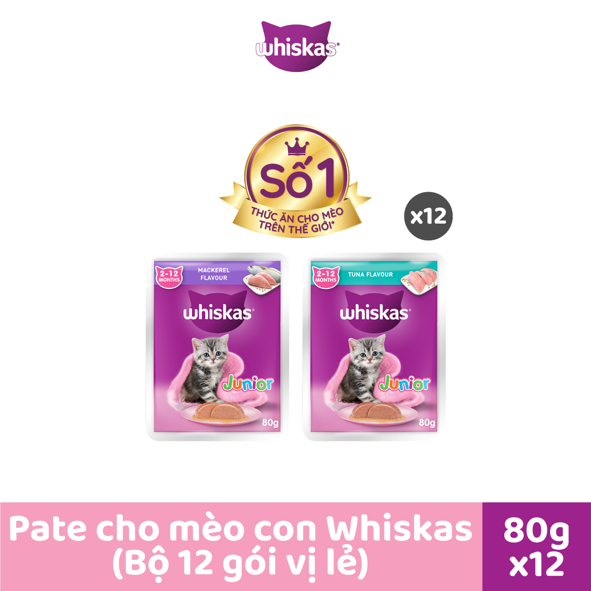 Combo Whiskas mèo con 80g mix 2 vị (cá ngừ + cá thu) - 12 túi
