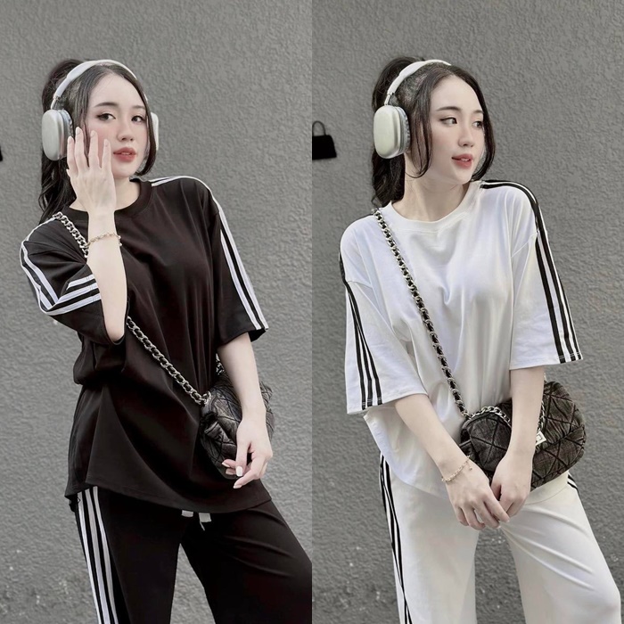 ĐỒ BỘ SET QUẦN THUN THỂ THAO DÀI ỐNG RỘNG LƯNG CAO ĐEN TRẮNG + ÁO SUÔNG TAY NGẮN ĐI BIỂN DẠO PHỐ ĐI CHƠI ĐI TIỆC