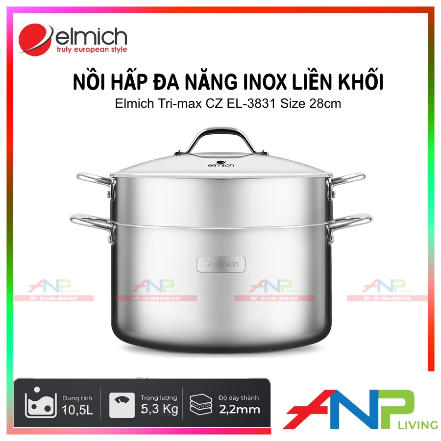 Nồi Hấp (Xửng Hấp) 3 lớp Inox Liền Khối Elmich Tri-max CZ EL-3831 (Đường kính 28cm, Dung Tích 10,5L) - Hàng Chính Hãng