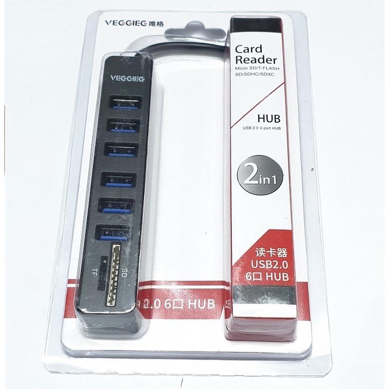 Hub VEGGIEG 8 in 1 Chia 6 Cổng Usb 2.0 Tích Hợp Đầu Đọc Thẻ Nhớ SD / TF - Hàng Chính Hãng