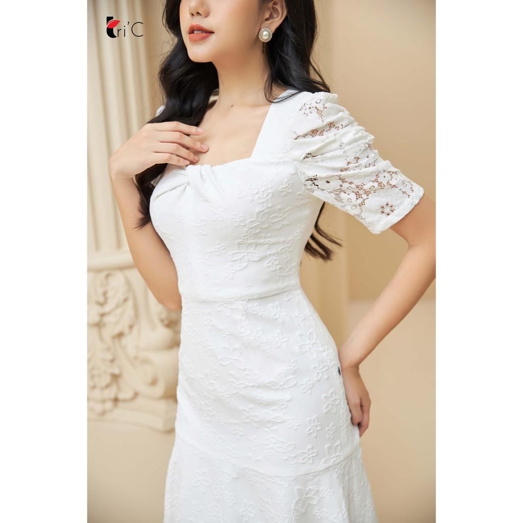Đầm chữ A đuôi cá gấm dệt vân nổi vặn xoắn cầu ngực Tri'C Luxury A21020
