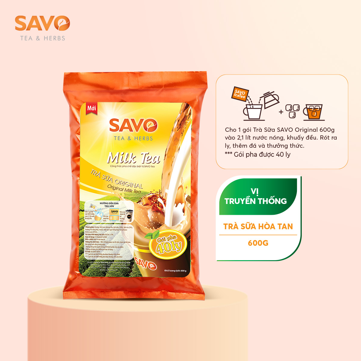 Trà Sữa Truyền thống SAVO Icetea Trà Hòa tan vị truyền thống (túi 600g)