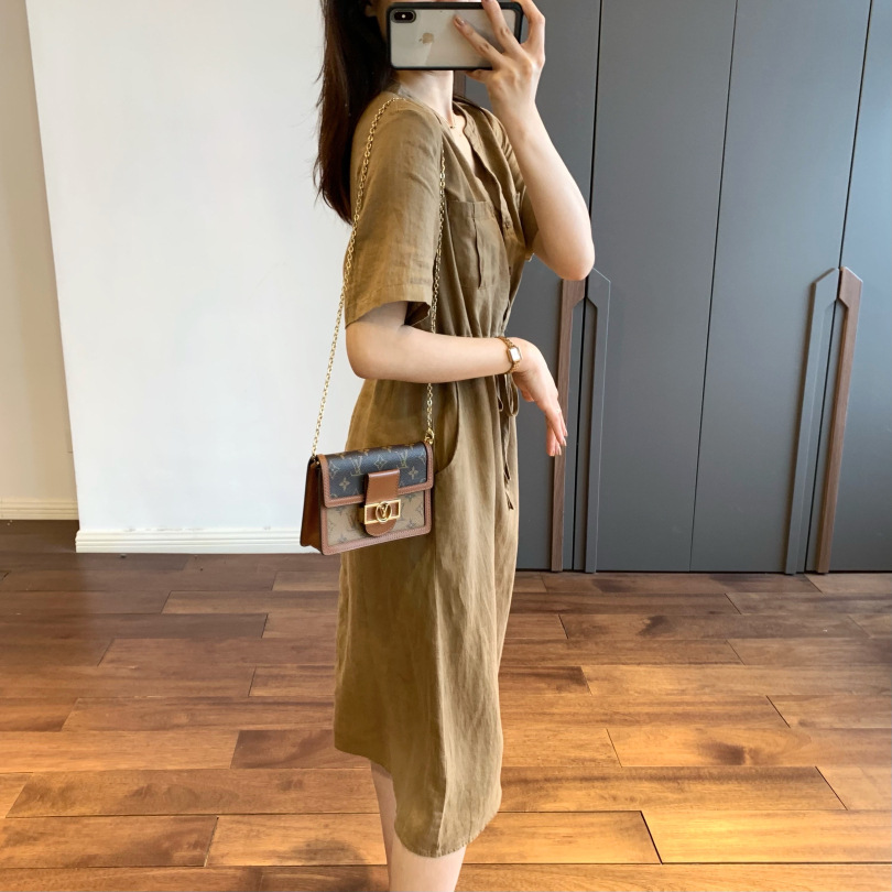 Đầm suông nữ dáng dài phong cách vintage, Đầm thiết kế cổ V 2 túi ngực