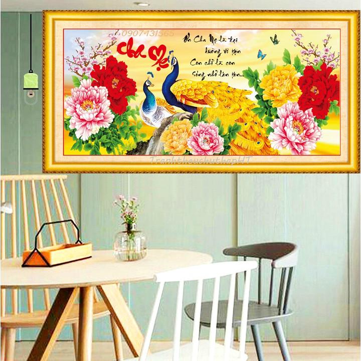 Tranh đá Cha mẹ 2 con công mẫu đơn - 100*50cm
