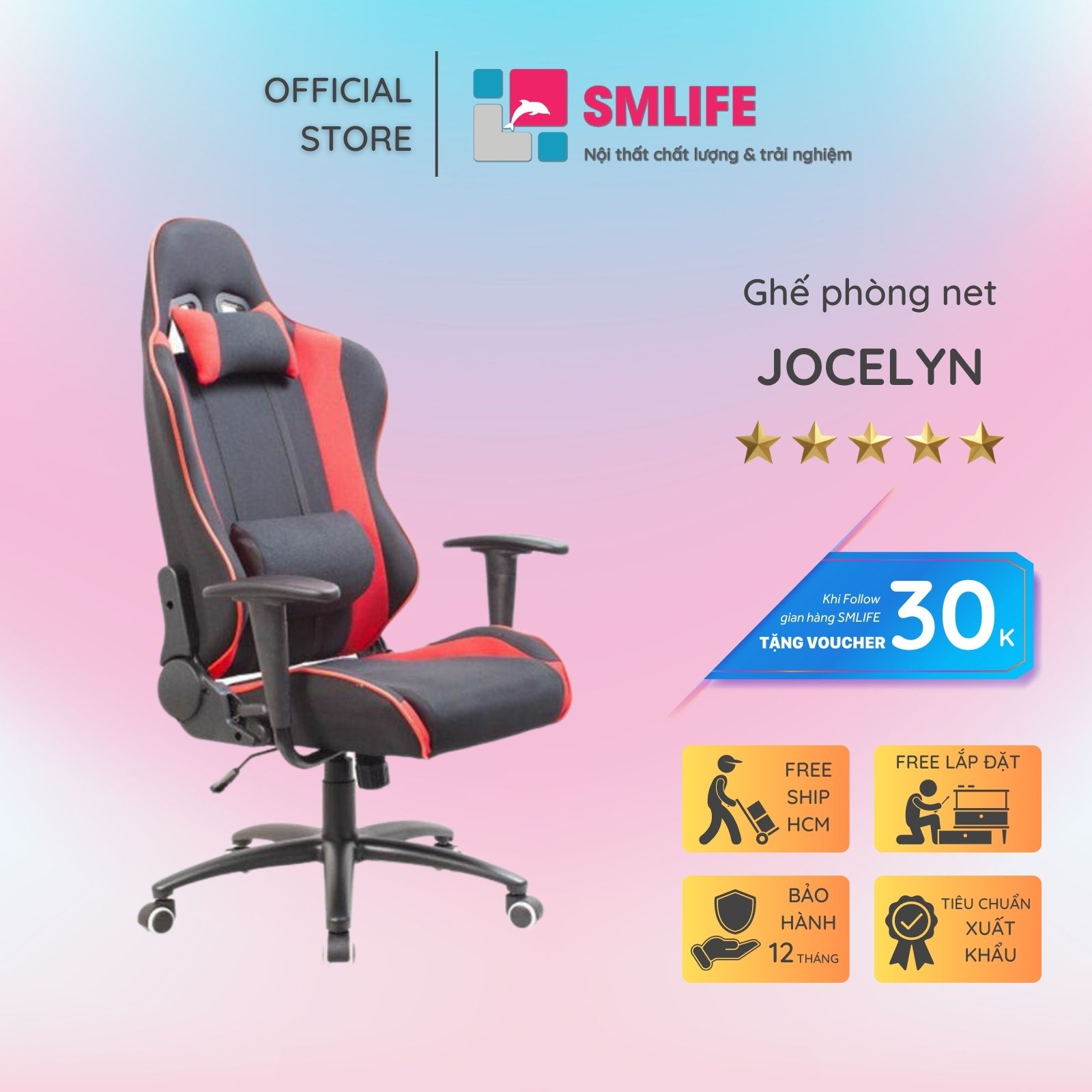 Ghế phòng net chân xoay có gối cao cấp SMLIFE Jocelyn