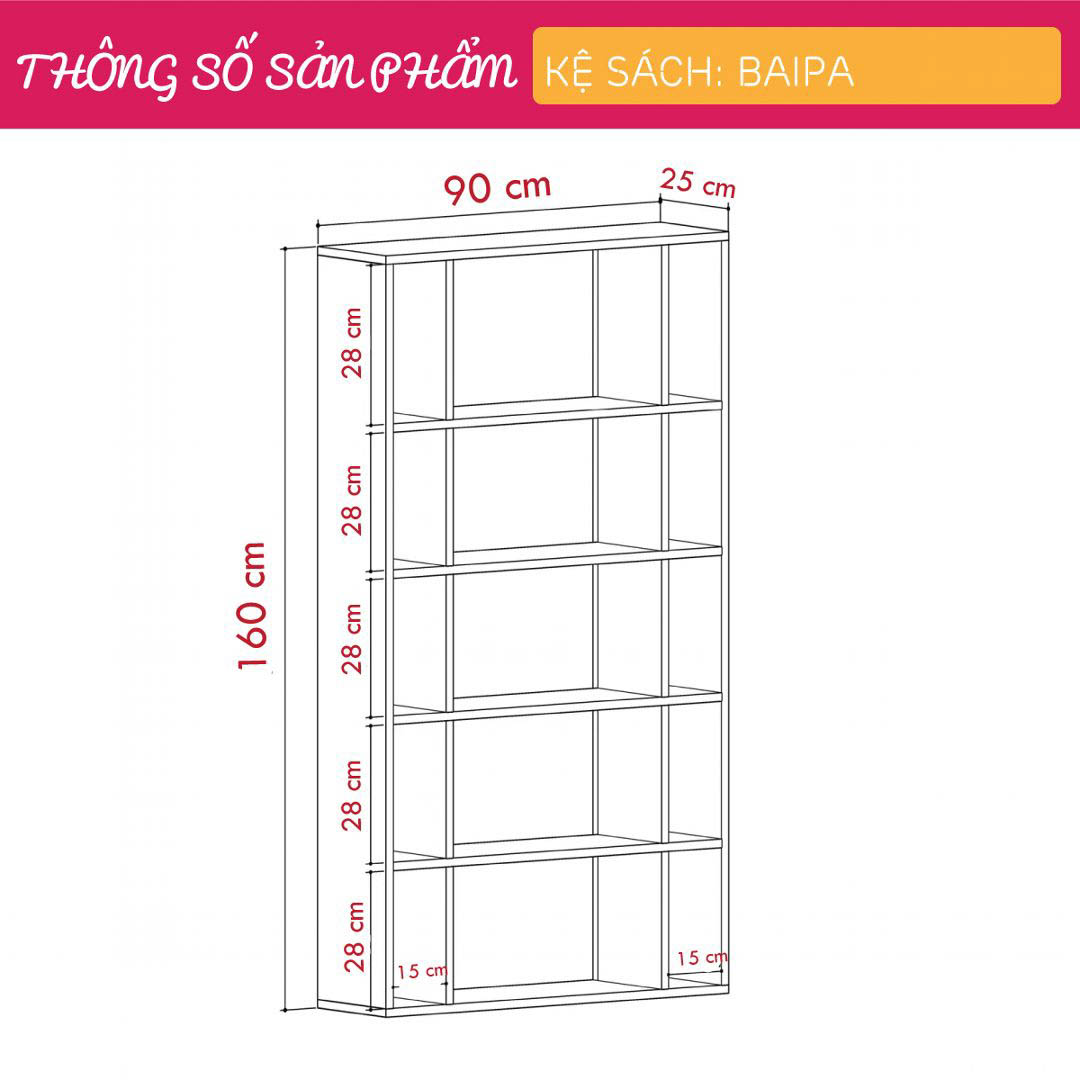 Kệ sách, kệ trang trí gỗ hiện đại SMLIFE Baipa  | Gỗ MDF dày 17mm chống ẩm | D90xR25xC160cm