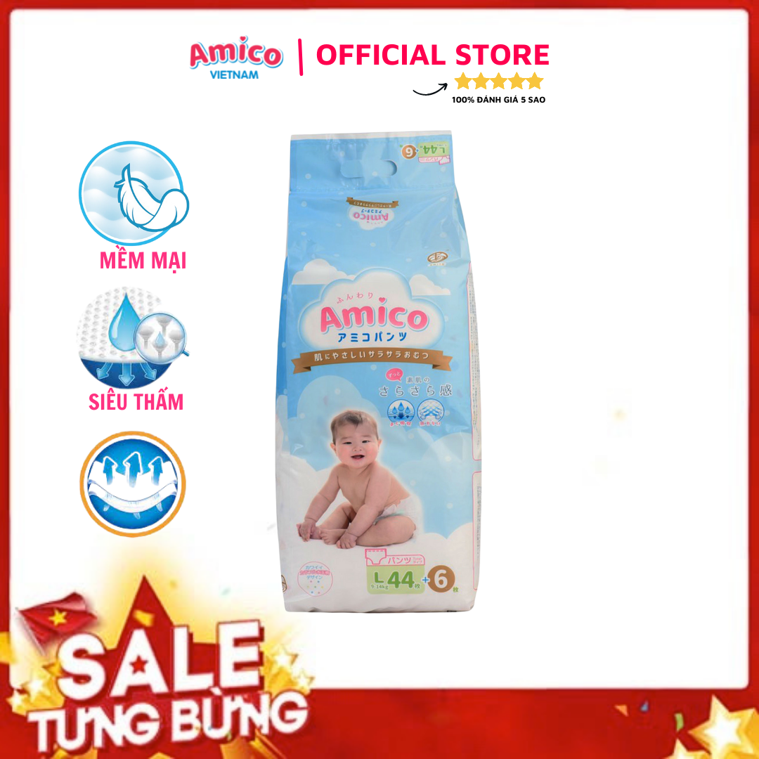 Bỉm - Tã quần Amico size L 44 + 6 miếng (Cho bé 9 - 14kg)