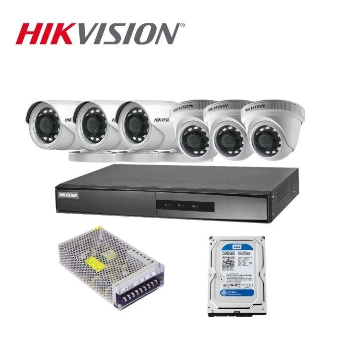 Trọn bộ 6 camera Analog bán cầu và thân trụ Hikvision.Đầu ghi 8 kênh DS-7208HGHI-K1, xem lại lịch sử gần 20ngày, Full HD - Hàng Chính Hãng