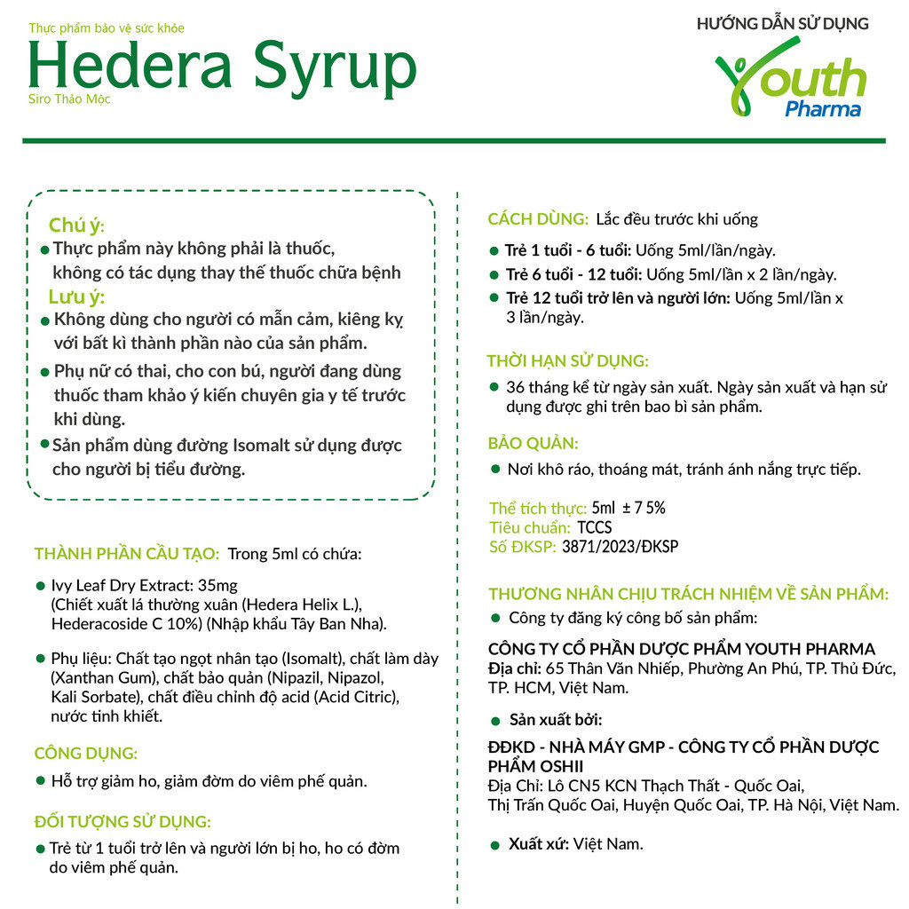 Siro Hedera Syrup Youth Pharma hỗ trợ giảm ho, giảm đờm - Gói 5ml