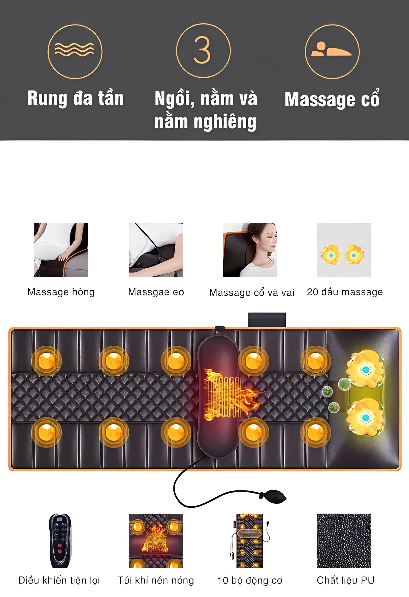 Nệm massage toàn thân,đệm massage toàn thân,thảm massage ,chất liệu da, rung đa điểm giúp massage lưng, vai, gáy - Có gối massage hồng ngoại