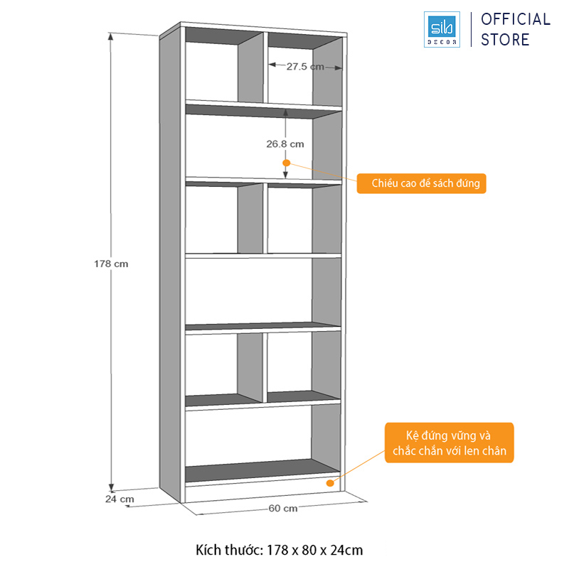 Kệ Sách Để Sàn Gỗ Chống Ẩm Cao Cấp SIB Decor (178 x 60 x 24cm)