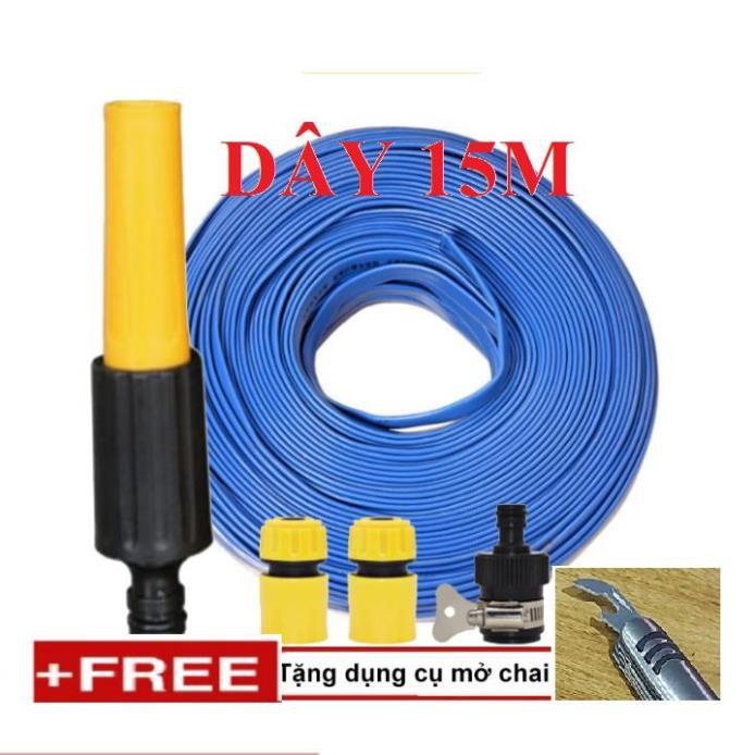 ️ Bộ dây vòi xịt nước rửa xe, tưới cây . tăng áp 3 lần, loại 15m 206622-5 cút sập,nối đen+ tặng mở chai