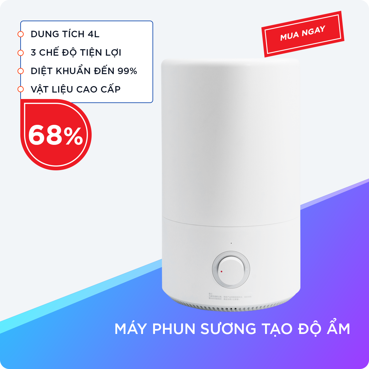 Máy Tạo Độ Ẩm Dung Tích 4L Giúp Khuếch Tán Và Duy Trì Độ Ẩm Trong Không Khí, Phun Sương Mịn, Tạo Ẩm Nhanh Chóng Với 3 Chế Độ Điều Chỉnh Dễ Dàng Đồng Thời Vật Liệu Chứa Ion Ag+ Với Tỉ Lệ Kháng Khuẩn Lên Đến 99%