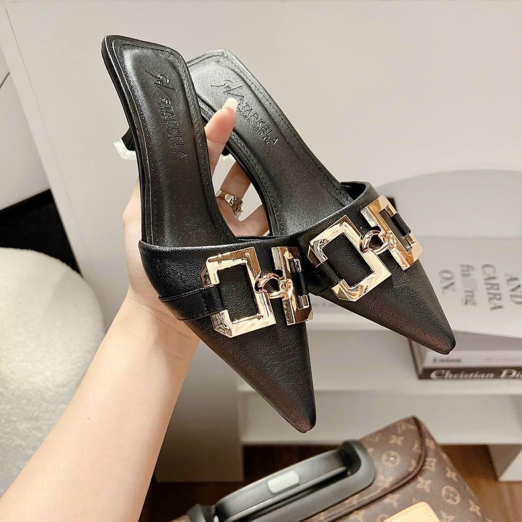 Sục Mũi Nhọn Nữ, Guốc Cao Gót Dây Chéo gót Nhọn da mềm, Đế Vững Cực Sang mã