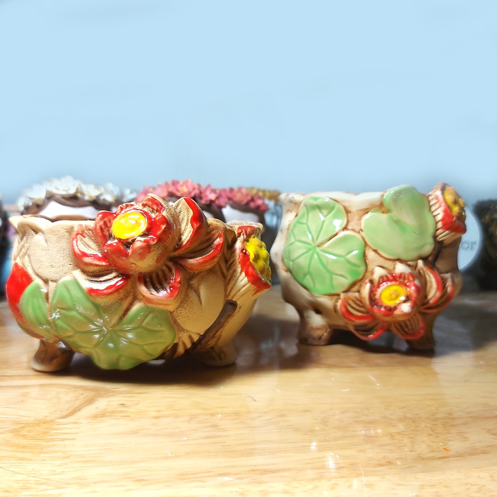 Chậu Gốm Họa Tiết Hoa Sen Nổi Giả Cổ Trồng Sen Đá, Xương Rồng, Chậu Kiểng Để Bàn Nhiều Mẫu Đẹp