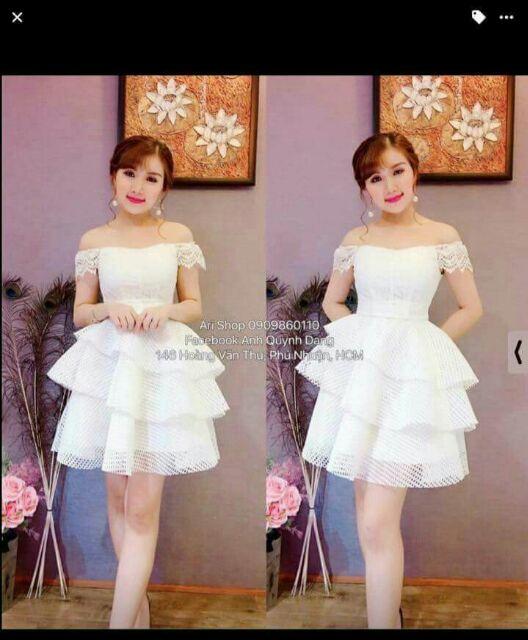 Đầm ren bẹt vai 3 tầng ren phồng